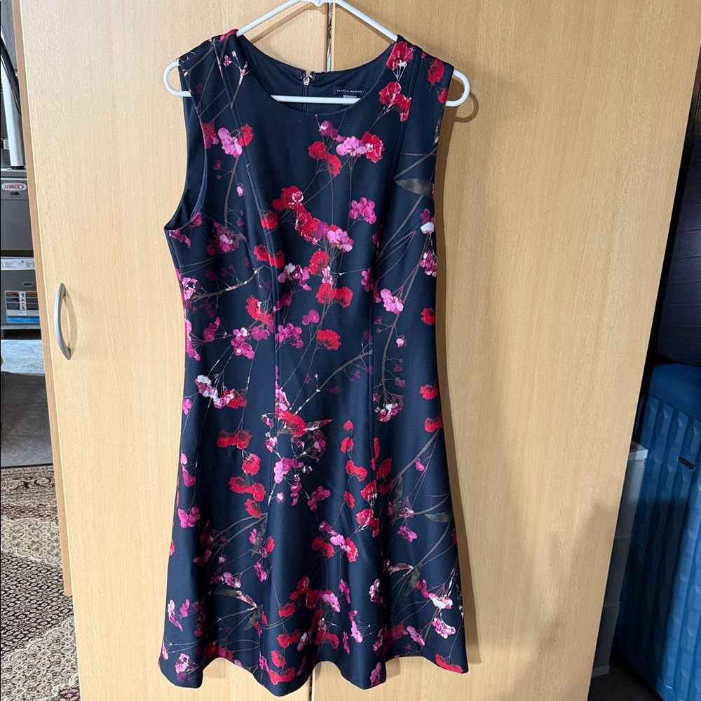Navy blue Tommy Hilfiger Floral A-Line Dress with Pink & Red Blossoms size 12